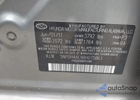 2011 Hyundai Elantra Limited z USA, uszkodzony, nr VIN 5NPDH4AE9BH075863